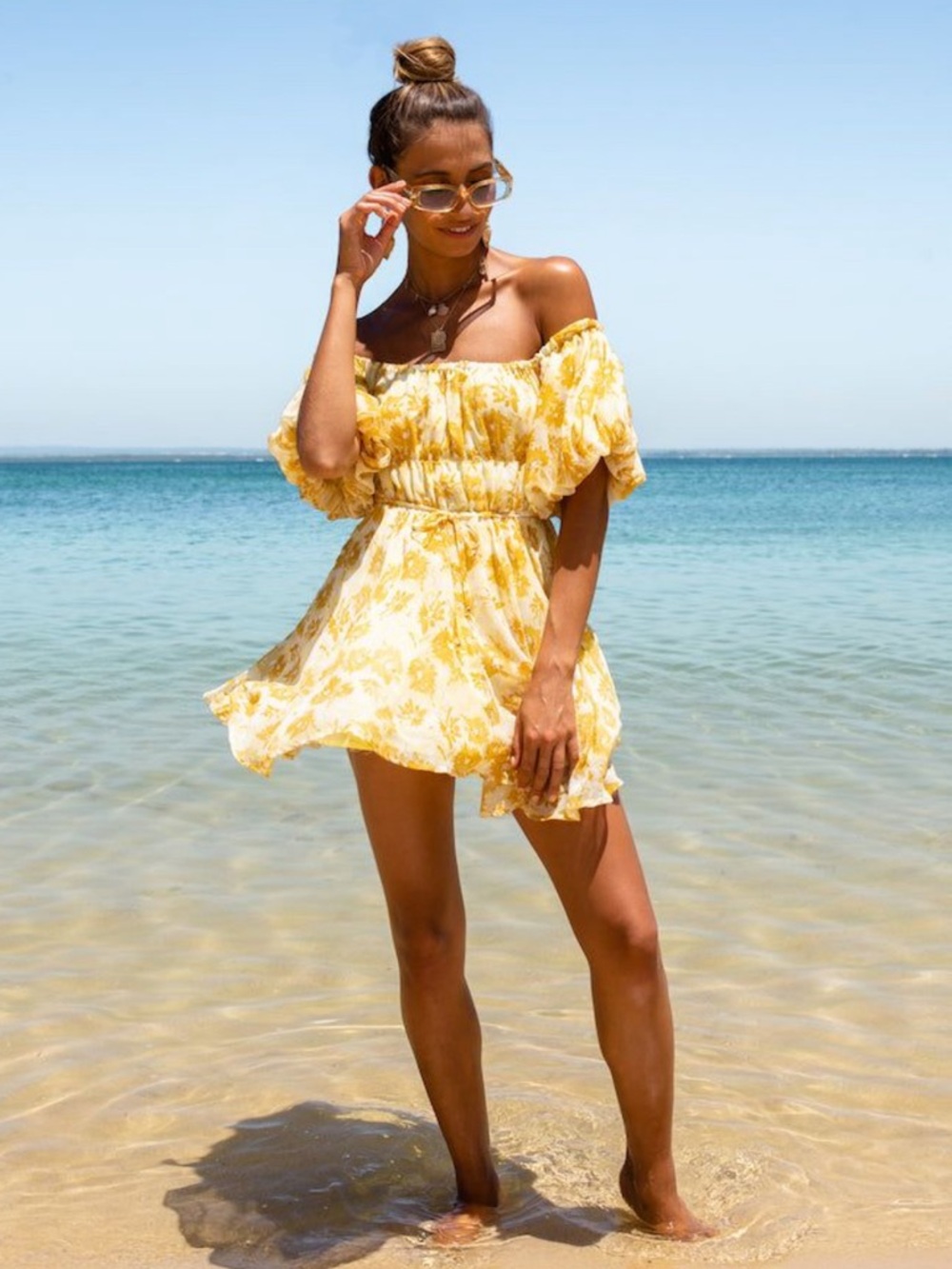 NWT Aiyana Off-Shoulder Yellow Floral Mini Dress US 6
